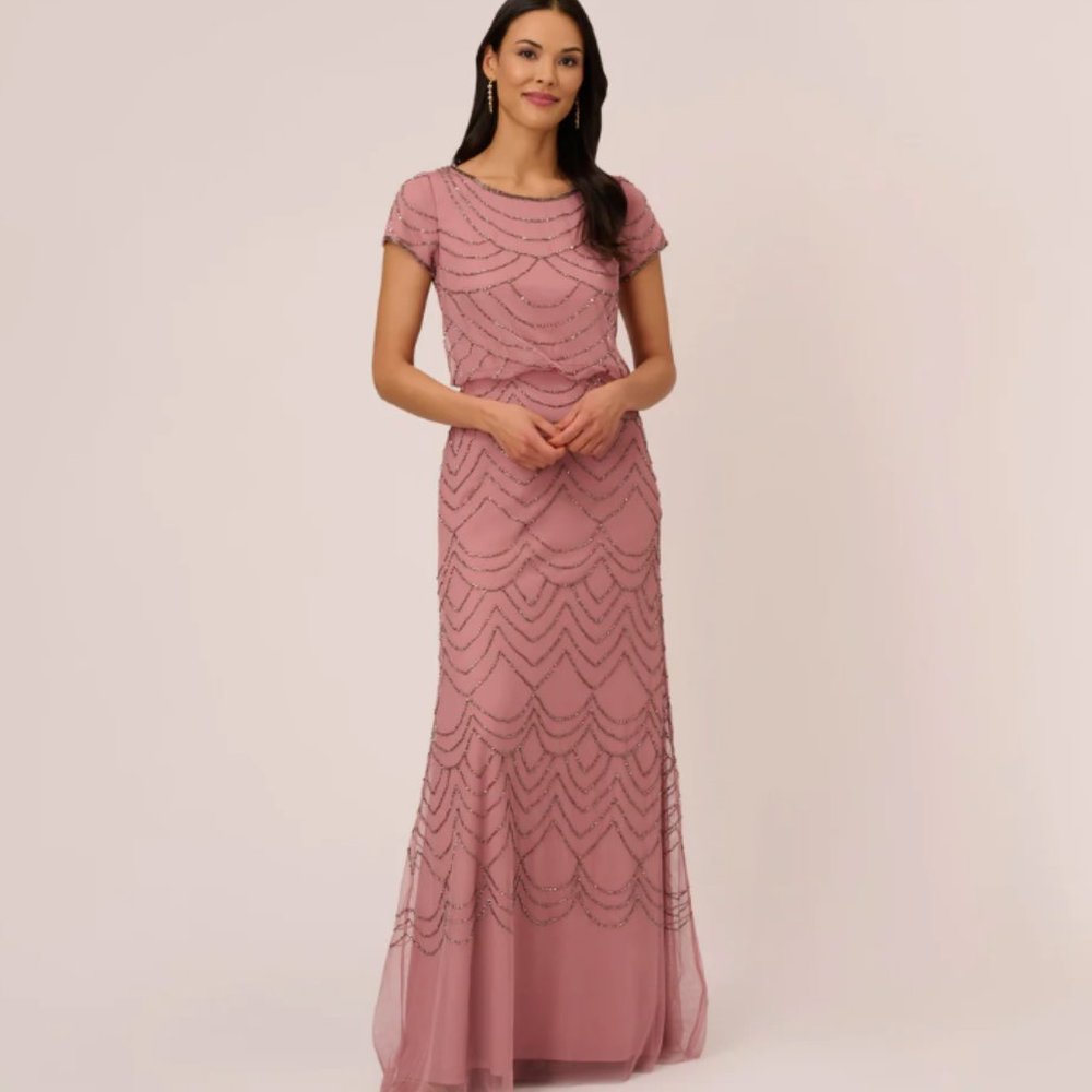 short sleeve beaded blouson gown in rose mercury art deco